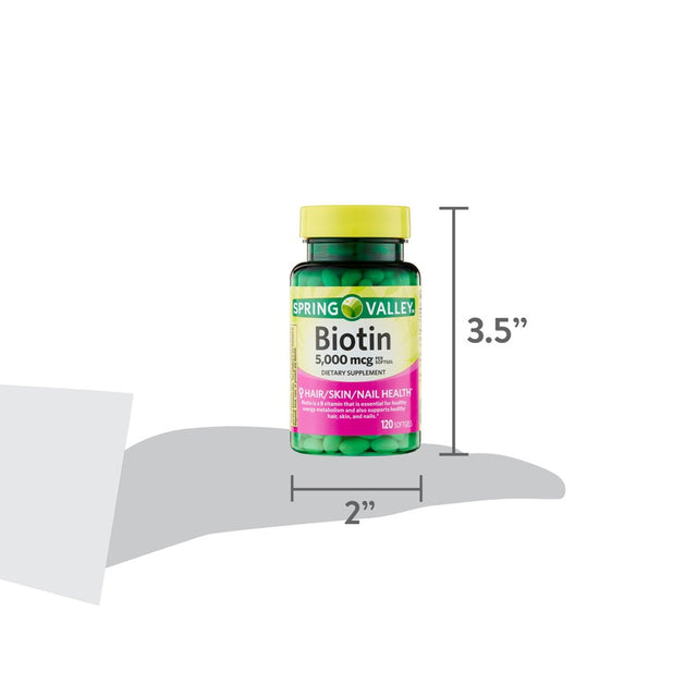 Spring Valley Biotin Hair/Skin/Nails Health Dietary Supplement Softgels, 5,000 Mcg, 120 Count