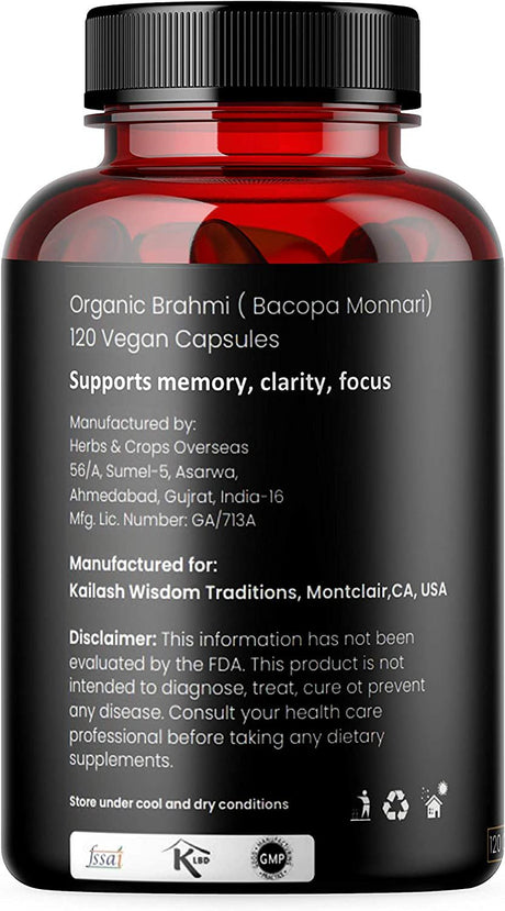 Bacopa, Kailash Herbals Organic Brain Booster, Nootropic Brain Supplement, Bacopa Monnieri/Brahmi, for Mental Sharpness, Focus, Memory, and Cognitive Wellness, 120 Capsules 500Mg, 2 Month Supply