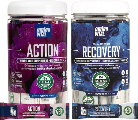 Amino Vital Action & Rapid Recovery- BCAA Amino Acids Pre and Post Workout Packets | No Caffeine, Vegan, Gluten Free | 14 Single Serve Stick Pack | Grape and Blueberry Flavor