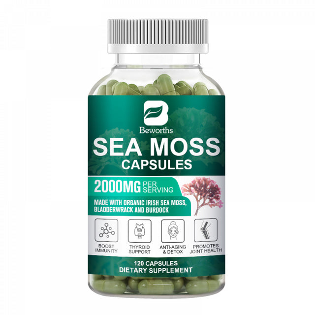 BEWORTHS Organic Sea Moss Capsules 2000Mg with Burdock Root, Irish Moss and Bladderwrack for Joint Health Support & Thyroid Supplement