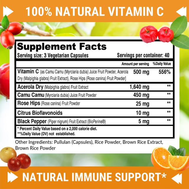 Natural Vitamin C - 100% from Rose Hips, Acerola Cherry and Camu Camu Superfruit 500Mg - High Absorption - Immune Support, Skin, Joint and Collagen Booster with Citrus Biflavanoids - 120 Capsules