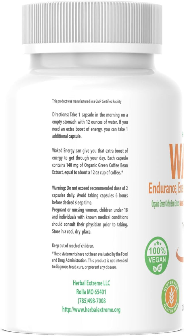 Waked Endurance, Energy and Stamina Support 30 Capsules Organic Green Coffee Bean Extract, Guarana Seed Extract, Green Tea Leaf Extract, Ashwagandha Root Extract, and Black Pepper Extract as Bioperine