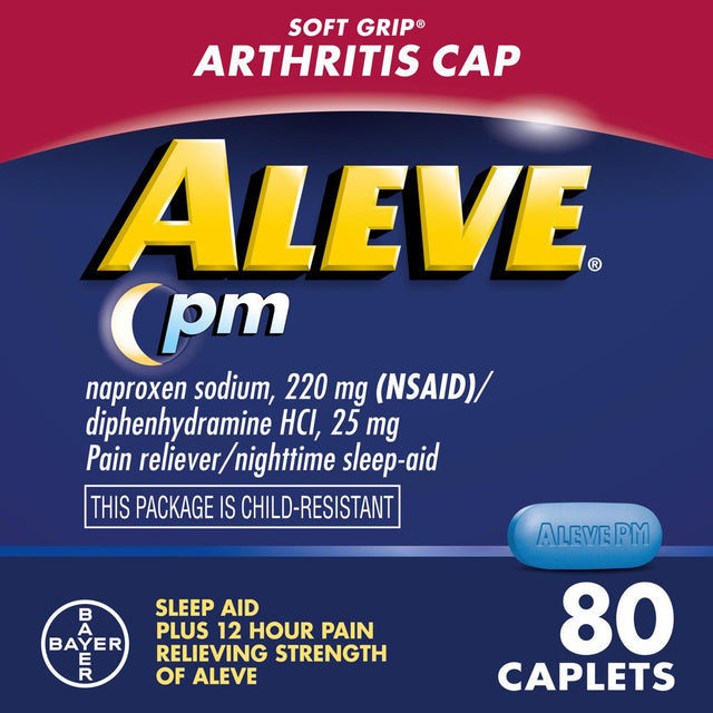 Aleve PM Easy Open Cap Pain Reliever & Nighttime Sleep Aid Caplets, 80 Count