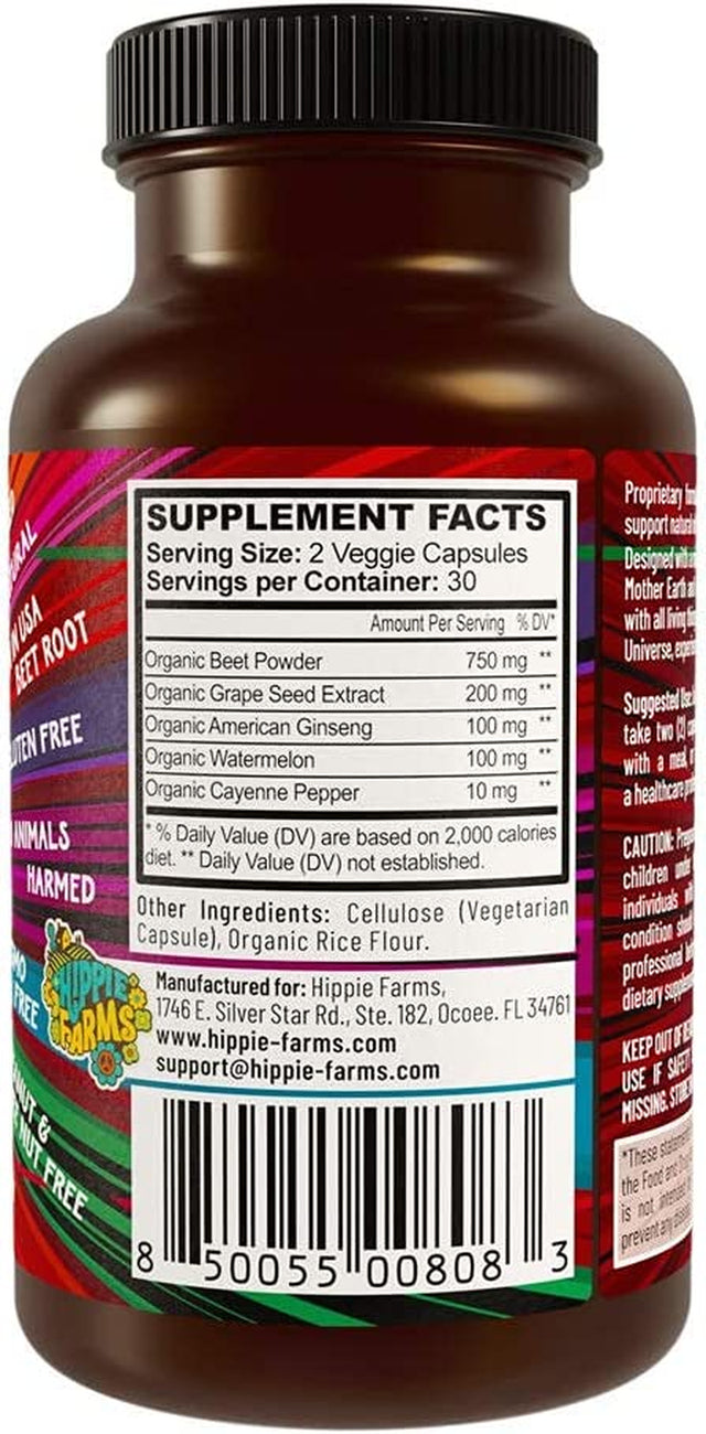 Beet Root Capsules - Circulation, Heart-Healthy Energy - W Grape Seed Extract & Ginseng 60 Count Vegan