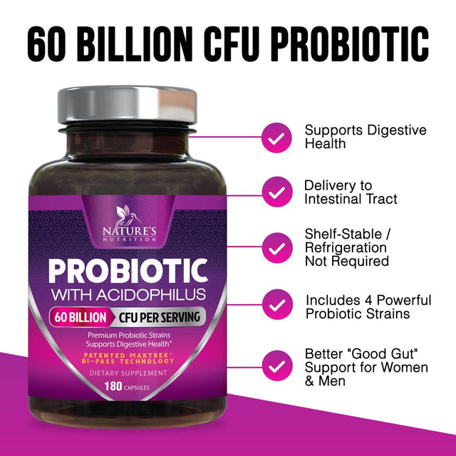 Probiotics, 60 Billion CFU per Serving, Probiotic with Prebiotics for Digestive & Immune Health Support for Women & Men - Nature'S Supplement Is Shelf Stable, Soy, Dairy & Gluten Free - 180 Capsules