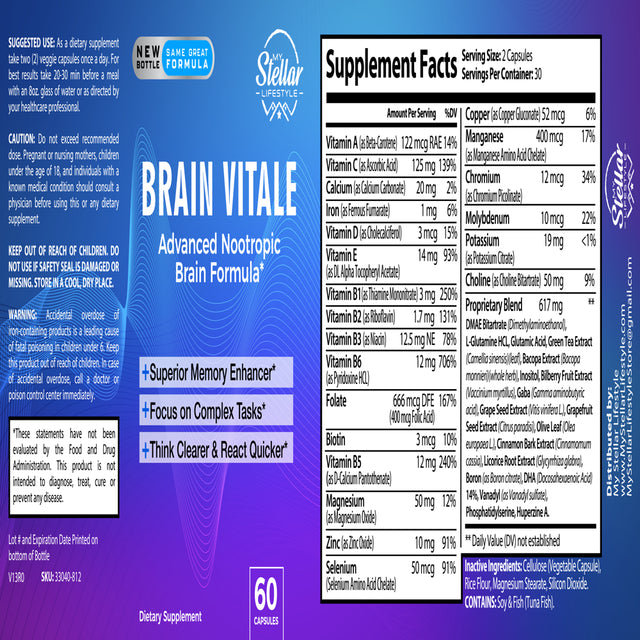 3 Pack Brain Vitale, Advanced Nootropic Brain Formula-60 Capsules X3