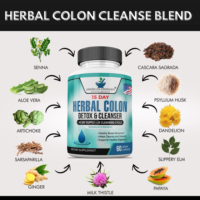 Colon Cleanse, Colon Detox, Colon Cleanse Pills, Colon Cleanser, Herbal Laxative, Detox Cleanser, Detox Supplements for Bloating, Constipation Relief, Digestive Health, Bowel Movement. 60 Vegan Caps