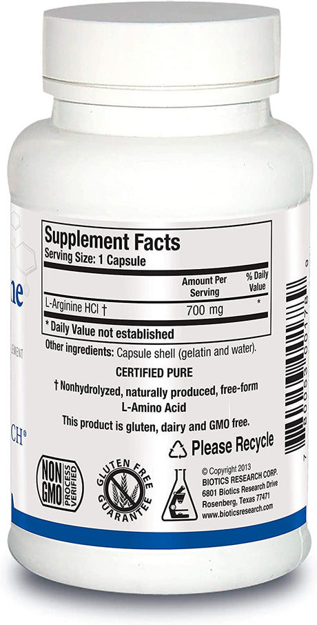 BIOTICS Research L Arginine, Important Amino Acid, Building Block for Muscles, Exercise Performance, Connective Tissue Support, Nitric Oxide Booster, Supports Cardiovascular Health. 100 Caps