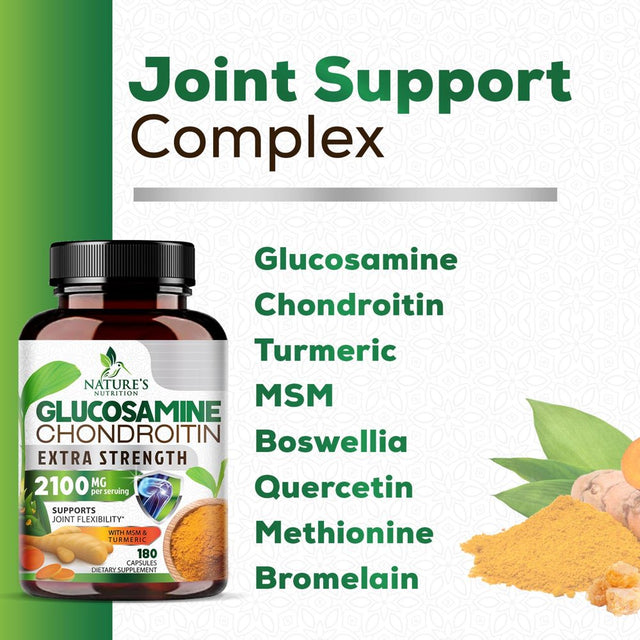 Glucosamine Chondroitin MSM Complex - Joint Support Supplement Turmeric & Boswellia, Triple Strength Glucosamine Capsules - Support for Joint Health & Mobility with Quercetin Bromelain - 180 Capsules