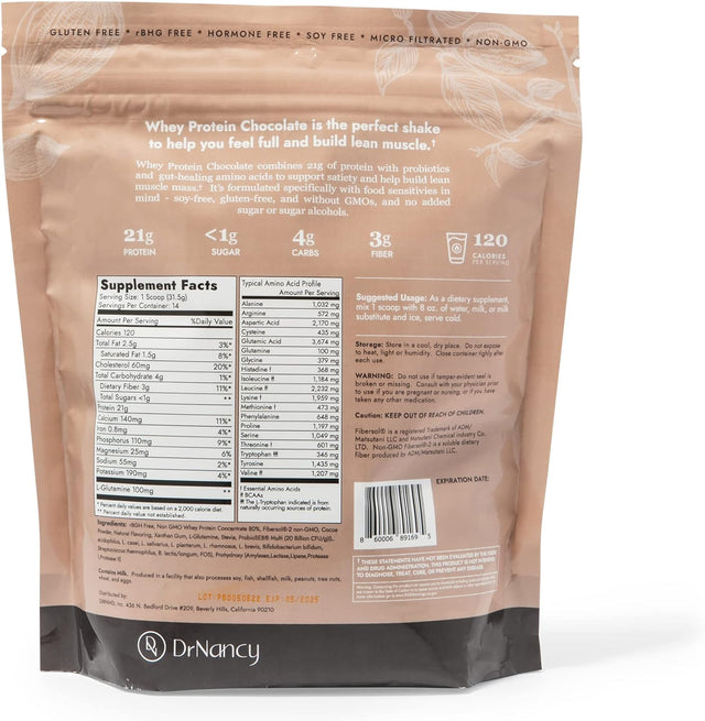 Whey Protein Chocolate by Dr. Nancy MD (14 Servings, 31.5G), 21G Whey Protein, Bcaa’S, with Added L-Glutamine & Probiotics