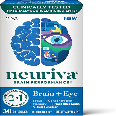 NEURIVA Brain + Eye Supplement for Memory, Focus & Concentration with Lutein & Vitamins a C E and Zinc for Eye Health & Zeaxanthin to Filter Blue Light, 30Ct Capsules