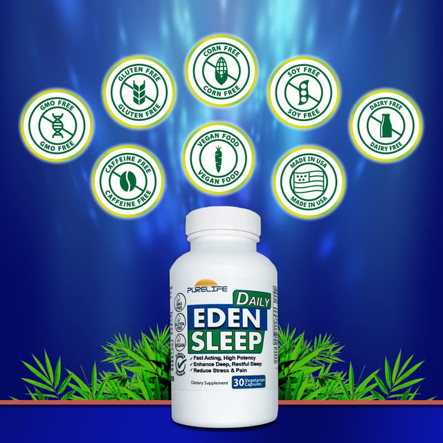 Purelife Supplements - Eden Daily Sleep [NEW GABA FREE FORMULA] – Fall Asleep Faster, Relax Your Muscles, Promote Deep and Restful Sleep (30 Vegan Capsules)