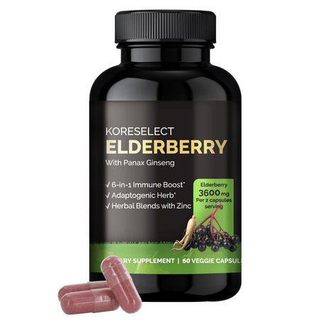 KORESELECT Elderberry Capsules with Panax Ginseng - Immune Support, 6-In1 Herbal Blend with Zinc, Ginger, Echinacea, Reishi Mushrooms - 60 Capsules