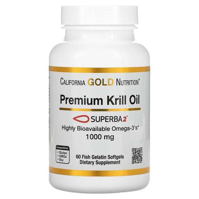 Premium Krill Oil with Superba2 by California Gold Nutrition - Bioavailable Omega-3S from Antarctic Krill - Heart & Brain Health Support - Gluten Free, Non-Gmo - 1000 Mg - 60 Fish Gelatin Softgels