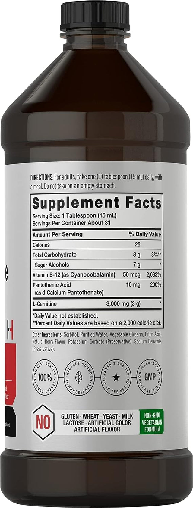 L-Carnitine Liquid 16 Oz | 3000 Mg | Natural Berry Flavor | Vegetarian Formula | Non-Gmo, Gluten Free Supplement | by Horbaach