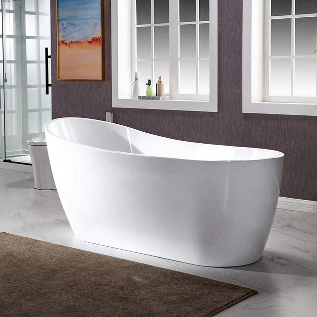 WOODBRIDGE 67"Freestanding White Acylic Soaking Bathtub with White Pillow,Drain and Overflow in Matte Black,Bta1508 -Mb-Drain &O+ Pillow