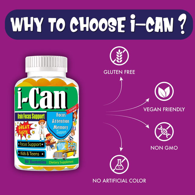 I-Can Brain Focus Supplements for Kids & Teens, Memory Booster Brain Vitamins with Omega 3 6 9, EPA DHA- 60 Gummy Vitamins