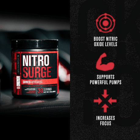 Nitrosurge Shred Pre Workout Supplement - Energy Booster, Instant Strength Gains, Sharp Focus, Powerful Pumps - Nitric Oxide Booster & Preworkout Powder - 30Sv, Orange Pineapple