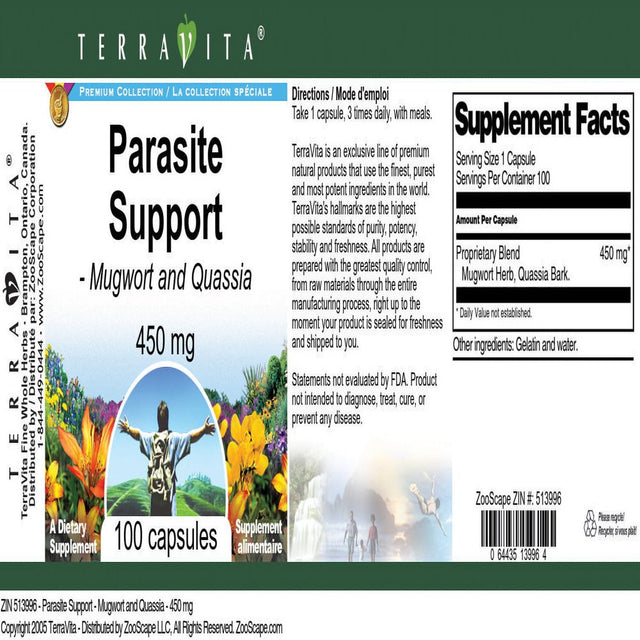 Terravita Parasite Support - Mugwort and Quassia - 450 Mg, (100 Capsules, 1-Pack, Zin: 513996)