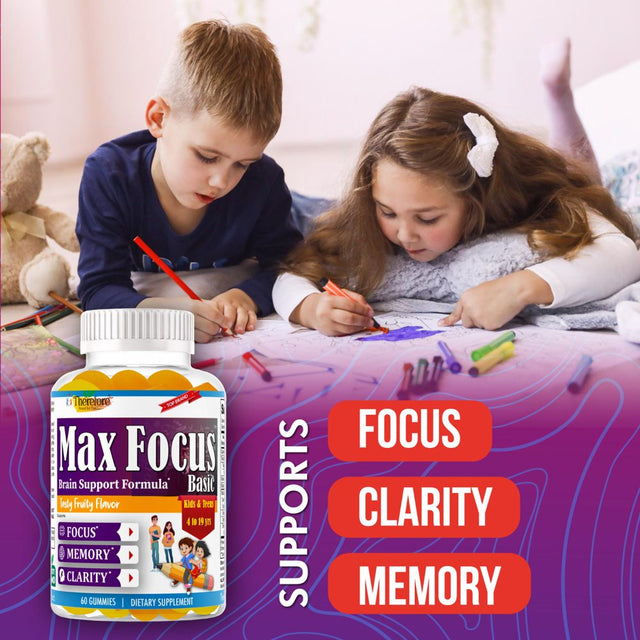 Max Focus Basic Kids Brain Booster Supplement with Omega 3 6 9 + DHA, Brain Supplements for Memory and Focus, Vision, Heart Health, Attention, Mood, Fruity Flavored Non-Gmo- 60 Gummies