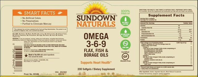 Sundown Naturals Triple Omega 3-6-9, Supports Heart Health, 200 Soft Gels, 1 Pack