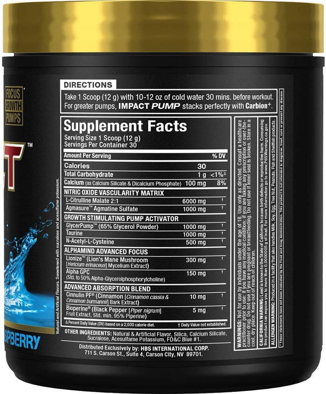 ALLMAX IMPACT PUMP, Blue Raspberry - 360 G - Stim-Free Pre-Workout Formula - Boosts Pumps & Mind-Muscle Connection - with Citrulline Malate & Lion’S Mane - up to 30 Servings