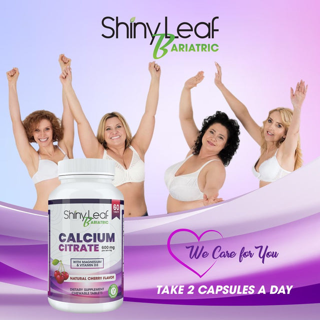 Shiny Leaf Bariatric Calcium Citrate 600 Mg Supplement for Bariatric Surgery Patients, 60 Ct Chewable Tablets with Magnesium, Vitamin D3, Natural Cherry Flavor, Vegetarian (1 Month)