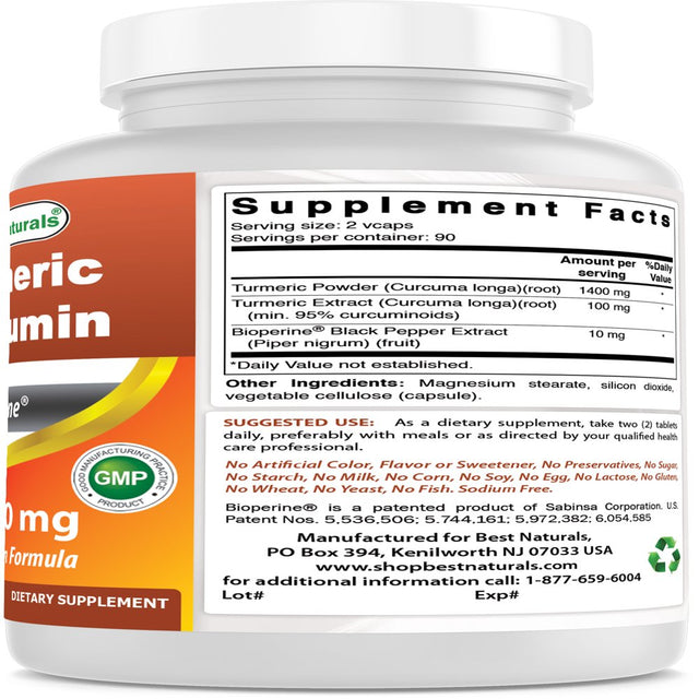 Best Naturals Turmeric Curcumin 1500Mg/Serving with Bioperine - 180 Veggie Capsules