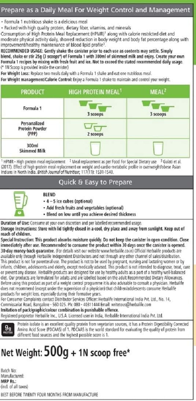 Herbalife Formula 1 Nutritional Shake Mix Vanilla Flavor 500 GM