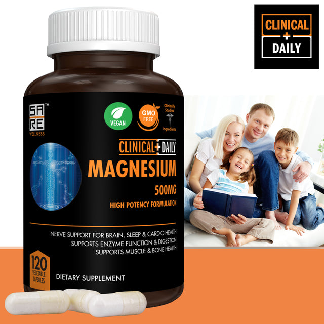 CLINICAL DAILY Pure Magnesium Citrate Capsules High Potency 500Mg with Natural Magnesium Oxide. Vegan Magnesium Supplement for Women and Men Supports Rest, Enzyme and Nerve Function. 120 Ct 2 Months