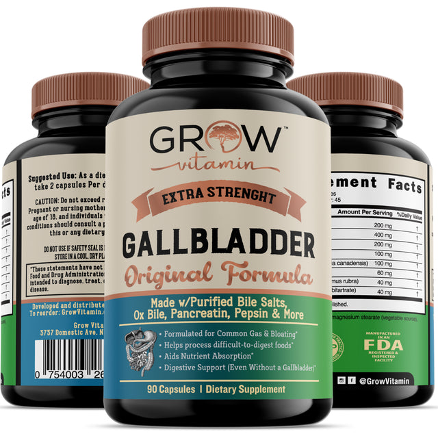 Grow Vitamin Gallbladder Formula Extra Strength - Made W/Purified Bile Salts & Ox Bile Digestive Enzymes - Includes Carefully Selected Digestive Herbs - Full 45 Day Supply - 90 Capsules