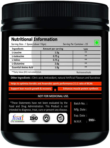 Adorreal BCAA with Glutamine for Muscle Recovery & Endurance BCAA Powder, 10 Grams of Amino Acids, Keto Friendly, Caffeine Free-250Gms