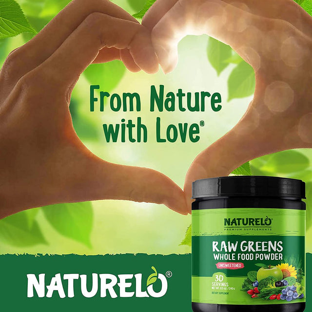 NATURELO Raw Greens Superfood Powder - Unsweetened - Boost Energy, Detox, Enhance Health - Organic Spirulina - Wheat Grass - Whole Food Nutrition from Fruits and Vegetables - 30 Servings