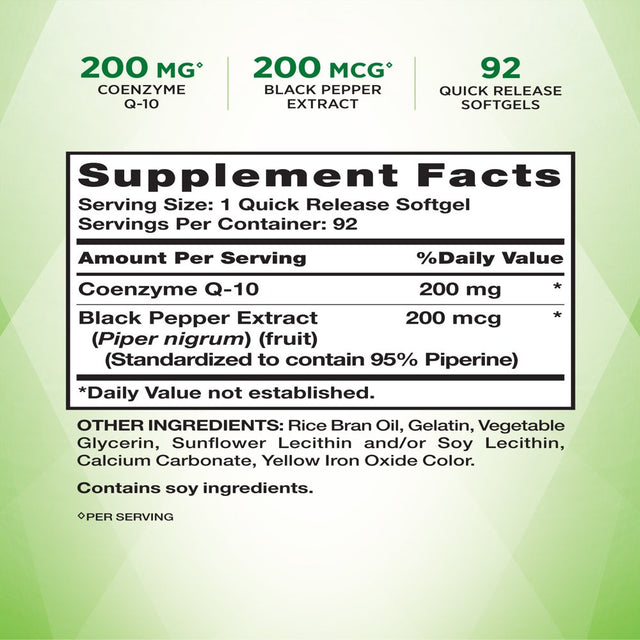 Coq10 200 Mg Softgels | 92 Count | Enhanced Absorption Supplement | with Black Pepper Extract | Non-Gmo, Gluten Free Supplement | by Nature'S Truth