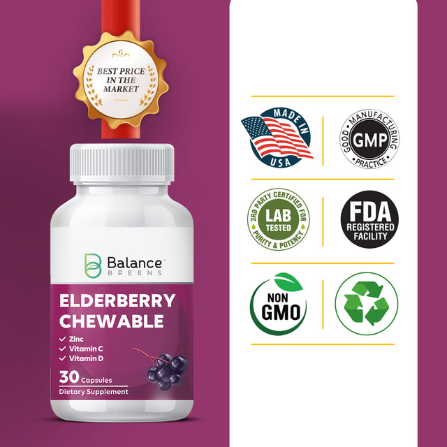 Balance Breens Elderberry Chewable Natural Stevia Vitamins - Stronger Immunity - Vitamin C, Zinc and Vitamin D3