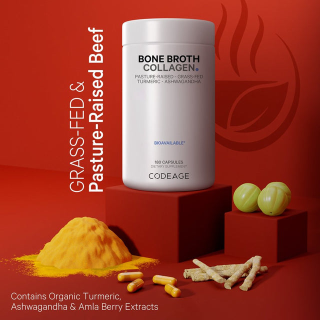 Codeage Bone Broth, Organic Bovine & Chicken Bone Broth, Grass-Fed Pasture-Raised Collagen Capsules, 180 Ct