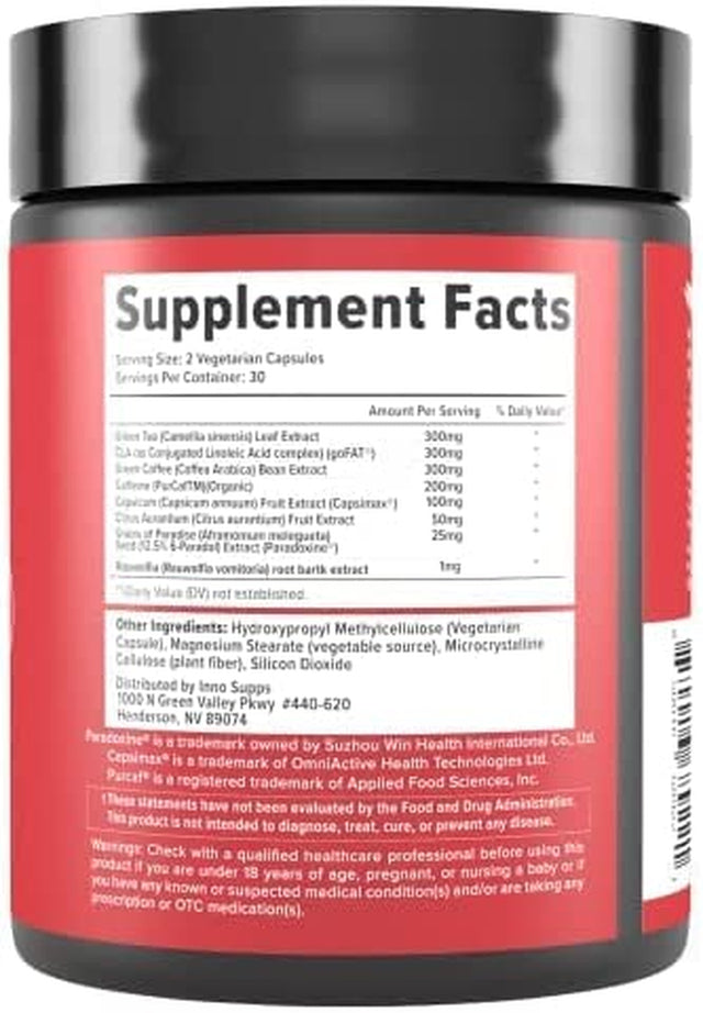 Inno Shred - Day Time Fat Burner | 100Mg Capsimax, Grains of Paradise, Organic Caffeine, Green Tea Extract, Appetite Suppressant, Weight Loss Support (60 Veggie Capsules) | (With Stimulant)