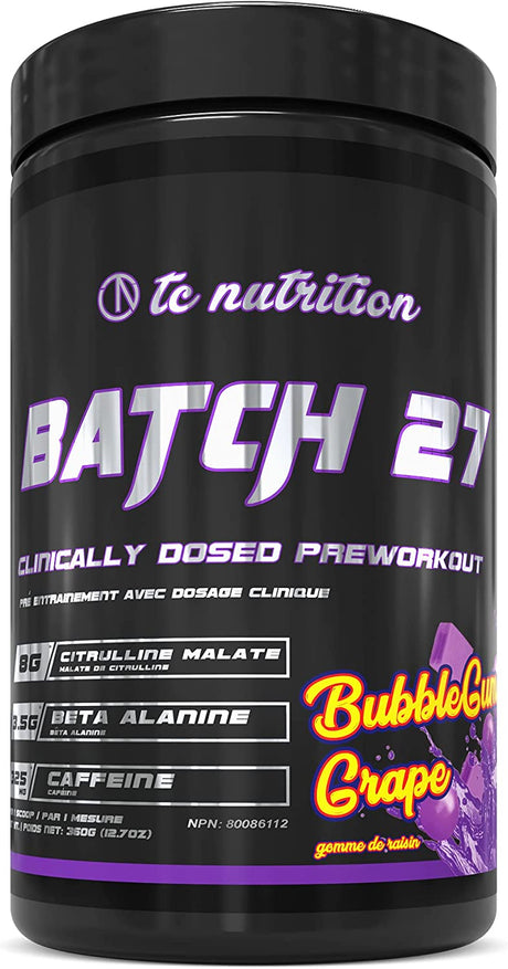 Batch 27 Pre Workout Powder - 8G Citrulline, 3.5G Beta Alanine, 2.5G Betaine, 325Mg Caffeine | Instant Energy, Focus, Pumps, Strength | Nitric Oxide Booster & Powerful Preworkout 20Sv Bubblegum Grape