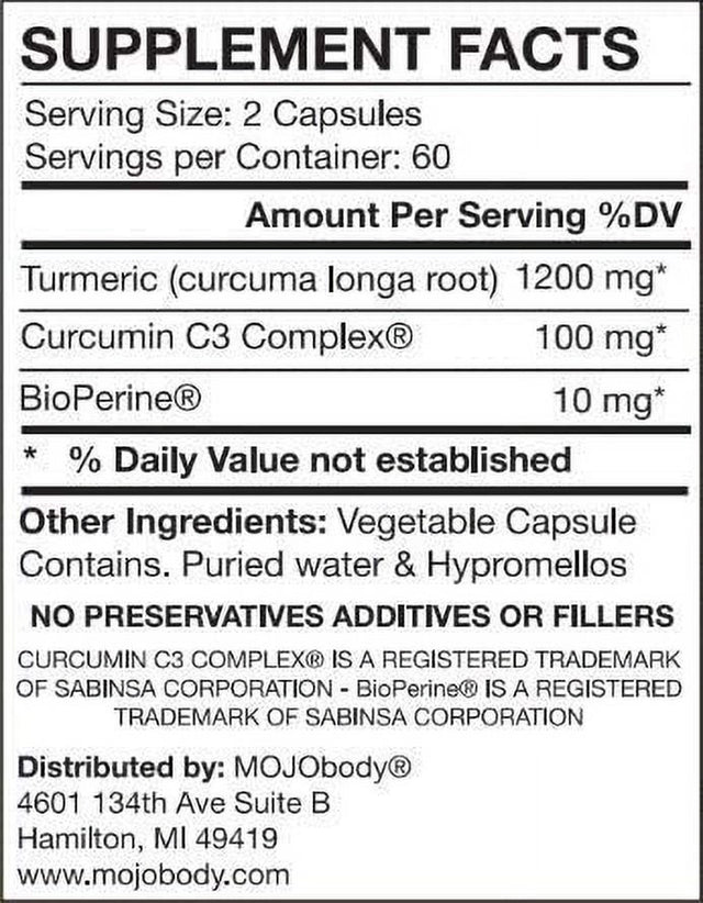 Mojobody Turmeric Curcumin C3 Complex High Absorption Formula with Bioperine Black Pepper, Natural Anti-Inflammatory, 1300Mg per Serving, 120 Veggie Capsules