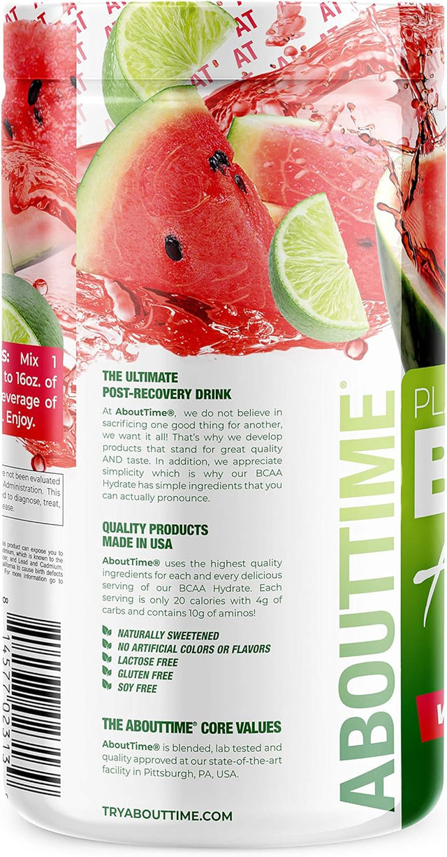 About Time Plant Based BCAA Hydrate with L-Glutamine & Electrolytes (Non-Gmo, Gluten Free, Monk Fruit Extract) - Watermelon Lime, 20 Servings