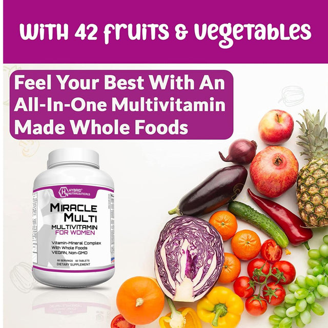 Miraclemulti Multivitamin Supplement for Women - Daily Vitamins and Minerals with Probiotics, Vitamin D3, Biotin, Folic Acid + 42 Fruit & Vegetable Blend - 60 Tablets