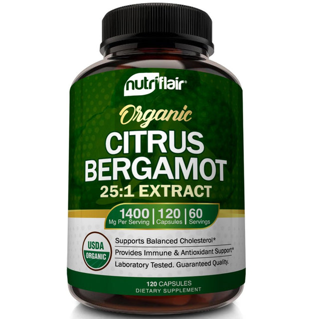 Nutriflair Organic Citrus Bergamot 1400Mg, 120 Capsules - 25:1 Citrus Bergamia - Essential Oil and Citrus Bioflavonoids - Natural Heart Health Supplements for Women and Men - Non-Gmo Pills