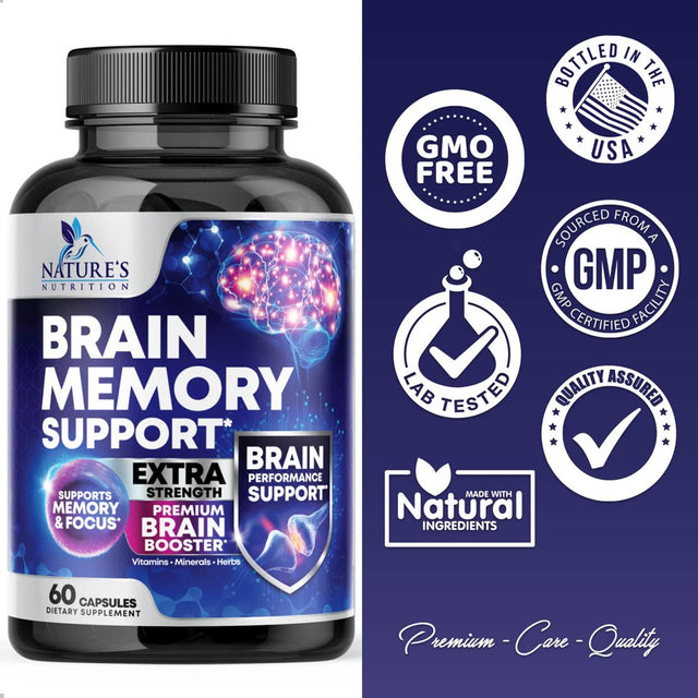 Nootropic Brain Supplement for Memory, Focus & Concentration + Cognitive Support, Brain Booster Supplement with Phosphatidylserine, DMAE Bacopa, Brain Vitamins for Men & Women, Non-Gmo - 60 Capsules