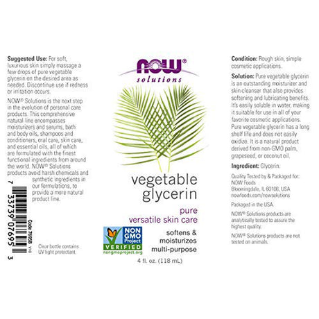 NOW Solutions, Vegetable Glycerin, 100% Pure, Versatile Skin Care, Softening and Moisturizing, 4-Ounce