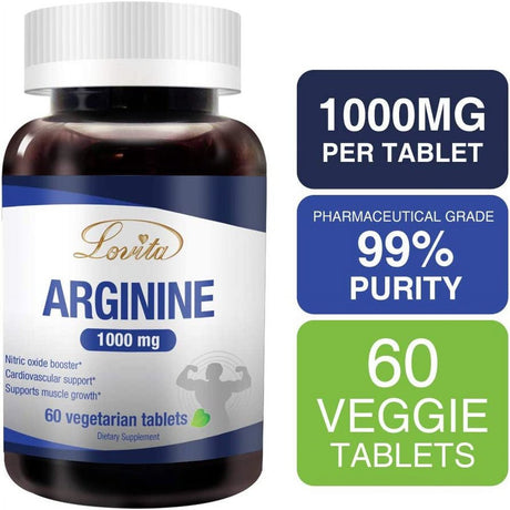 Lovita L-Arginine 1000Mg, Fermented Vegan Amino Acid, Nitric Oxide Supplement for Muscle Growth, Vascularity and Energy, 60 Vegetarian Tablets