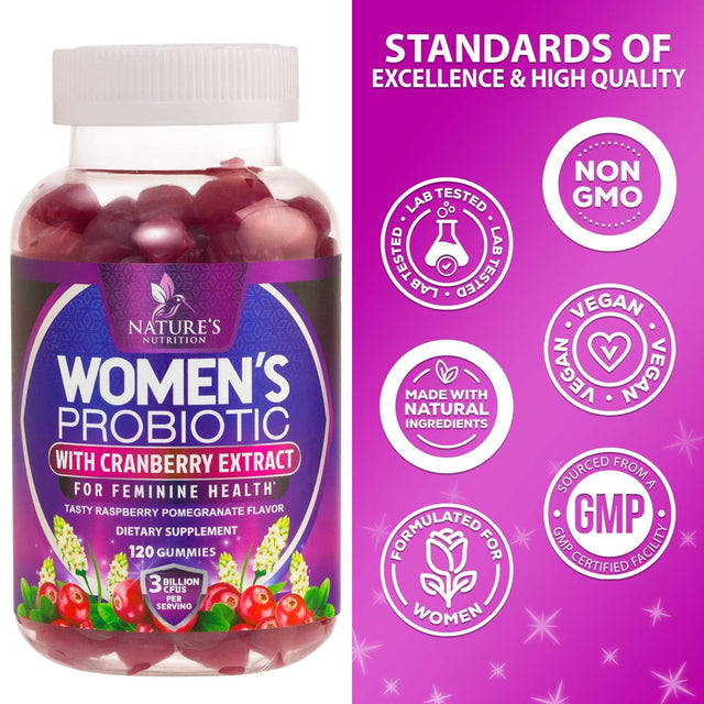 Probiotics for Women Gummy with Cranberry, 3 Billion CFU Guaranteed with 6 Diverse Strains, Womens Probiotic Gummies for Digestive, Vaginal Ph, Urinary & Immune Health Support, Non-Gmo - 120 Gummies