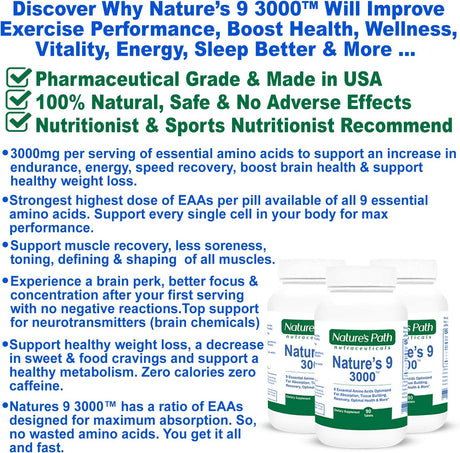 Nature'S 9 3000 Essential Amino Acids Supplement, Best EAA Amino Acid Complex All 9 Essential Amino Acid Pills, Vegan Aminos 90 Pill 1 Gram per Tablet