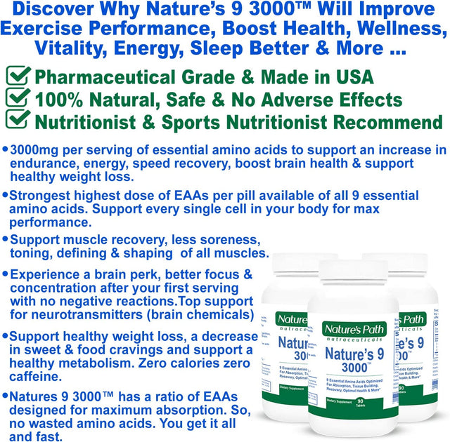 Nature'S 9 3000 Essential Amino Acids Supplement, Best EAA Amino Acid Complex All 9 Essential Amino Acid Pills, Vegan Aminos 90 Pill 1 Gram per Tablet