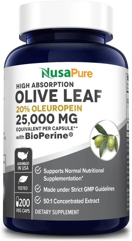 Nusapure 25,000Mg, 200 Caps Olive Leaf Extract: Non-Gmo, 20% Oleuropein, Vegetarian, Super Strength, Oil-Free, Dietary Supplement for Unisex Adult Health & Wellness