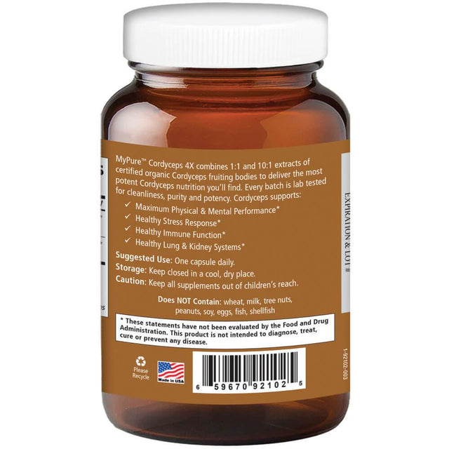 Mypure Cordyceps 4X Mushroom Supplement by Pure Essence - 100% Real Mushroom Extract for Immune System Support, Combat Stress, Build Energy - 60 Capsules